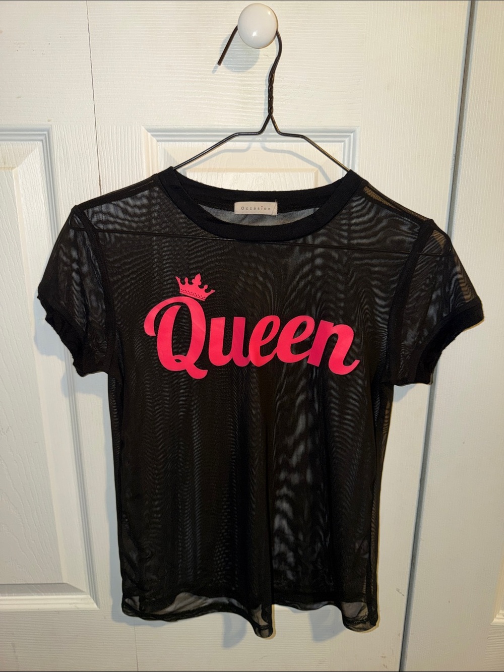 Black Mesh 'Queen' Tee with Hot Pink Lettering